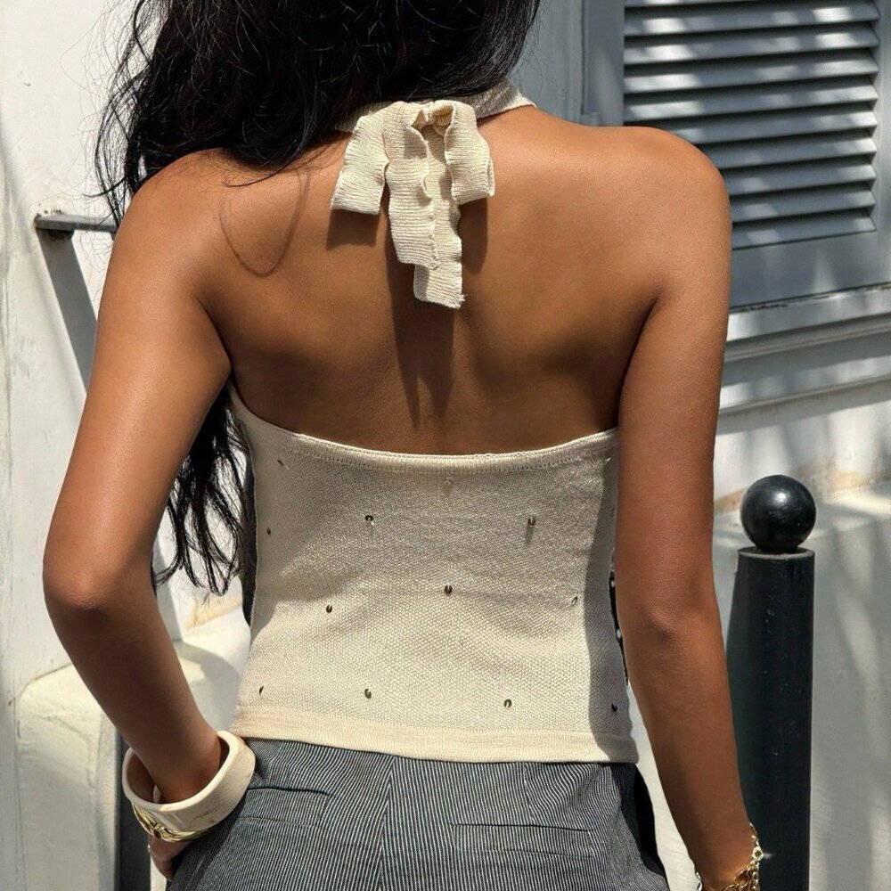 Women's Sequin detailed Knit Tie Backless Halter Top - Picture 2 of 6